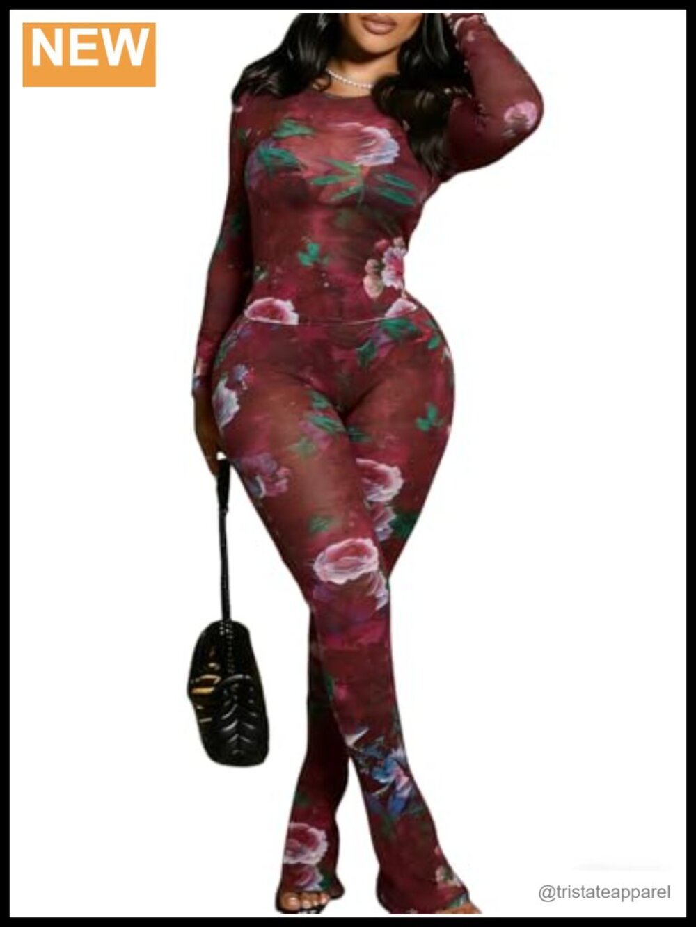 2 Piece Print Mesh Top Flared Pants Set Club Outfit See-Through Long Sleeve Crop